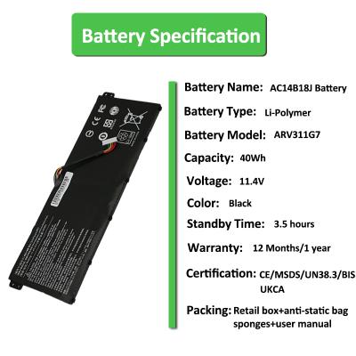 एसर लैपटॉप एस्पायर V3-111 . के लिए 11.4V 40Wh AC14b18J बैटरी
